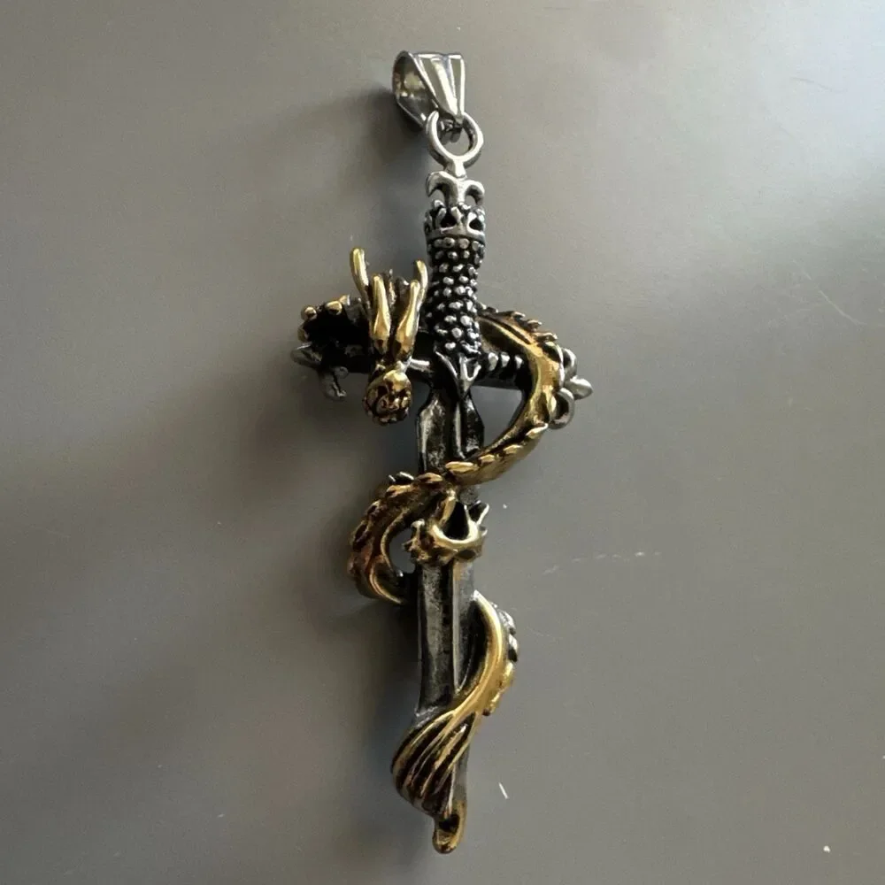 Dagger Sword Dragon Pendant 24” Chain Stainless Steel Viking Gothic Gift Vintage